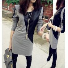 free shipping 2012 fashion patchwork leather small handsome long sleeve length slim hip t-shirt basic shirt female