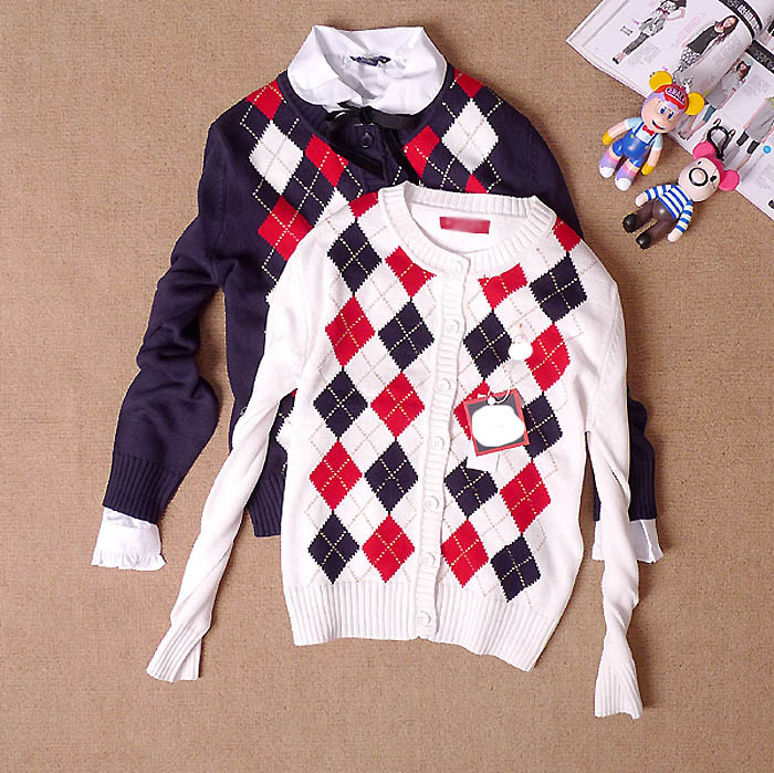 Free shipping  2012 fashion preppy style women's coat ,  plaid o-neck cardigan outerwear sweater