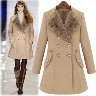 Free Shipping 2012 fashion rabbit fur turn-down collar double breasted woolen slim fashion trench overcoat