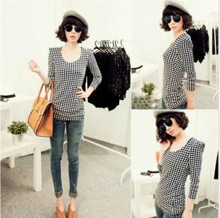 Free shipping! 2012 fashion  Retro grid printing pad slim U Neck Long Sleeve T-Shirt  X20218304120