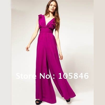 Free shipping! 2012 Fashion Sexy Deep V-neck Women Chiffon Rompers Backless Summer Plus Size Long Jumpsuits P0574#