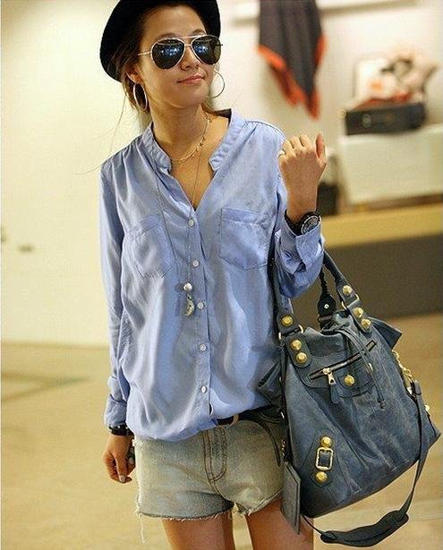 Free shipping! 2012 fashion solid loose mandarin collar women shirt X15428661331