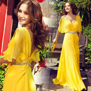 Free Shipping! 2012 Fashion Star Style Yellow A-Line Chiffon Crystal Beading Bridal Floor-Length Dinner Party Dress D0590#