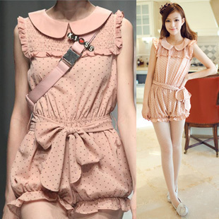 Free Shipping 2012 Fashion sweet juniors print chiffon ruffle lantern jumpsuit Summer Women Pants(Pink+Beige+Green)120924#8