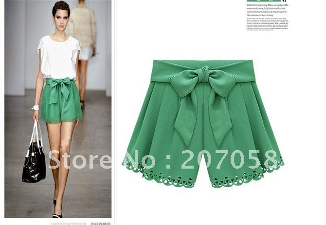 Free shipping 2012  fashion wind cutout scalloped high waist bow candy color shorts