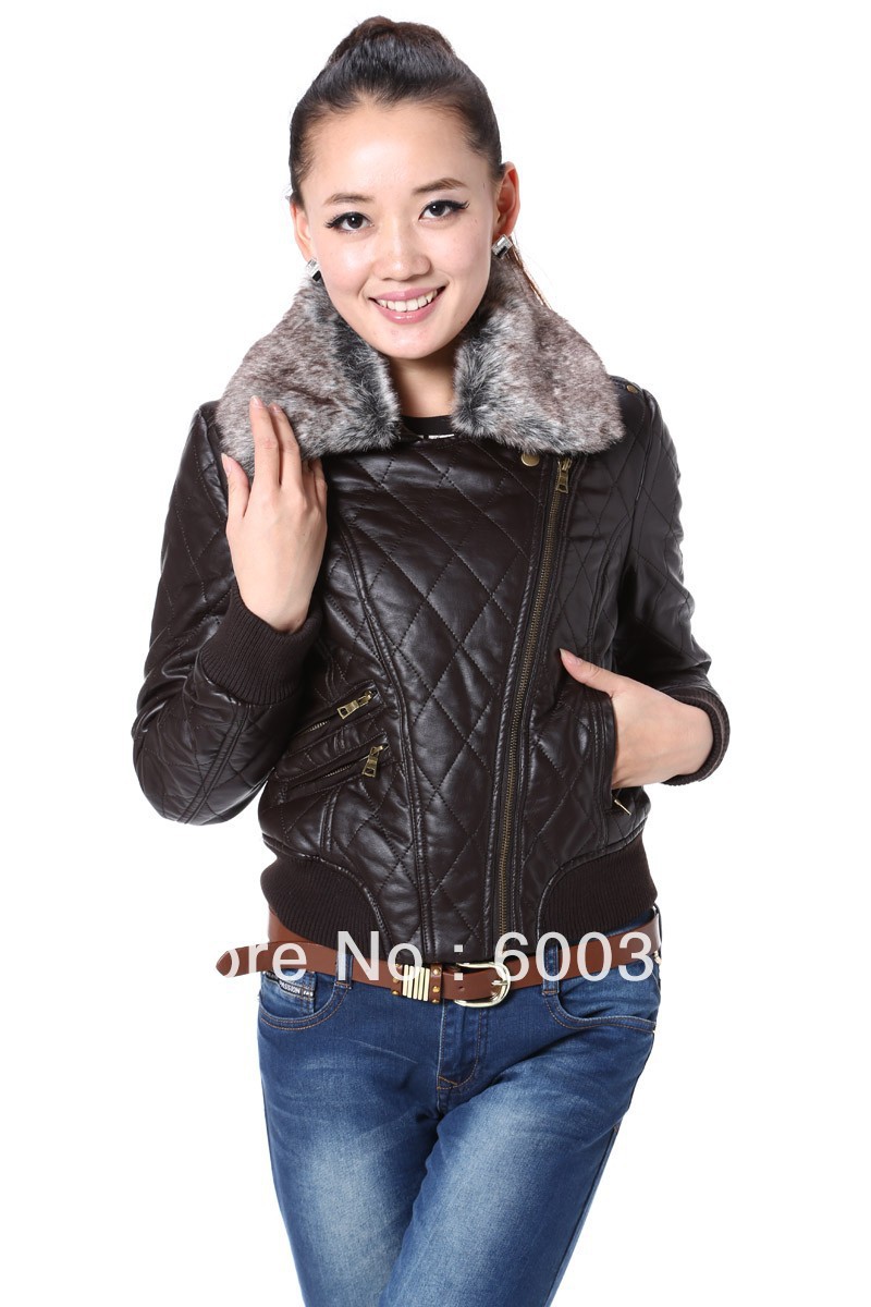Free shipping 2012 Fashion winter plus cotton leather clothing slim water wash PU leather jacket fur collar cotton-padded coat