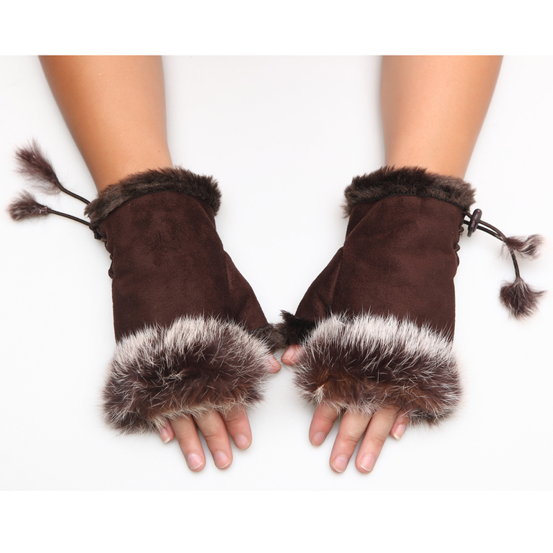 Free shipping 2012 fashion Winter women's half leather gloves rabbit fur semi keyboard gloves
