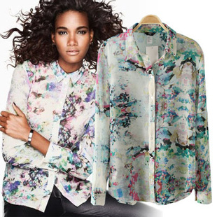 free shipping 2012  fashion women's breathable chiffon print turn-down collar long-sleeve shirt Size S M L
