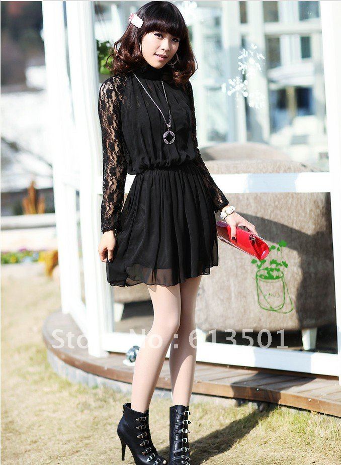 Free shipping 2012 fashion women's Long Sleeve winter Dress Turtleneck Lace dresses 2 color