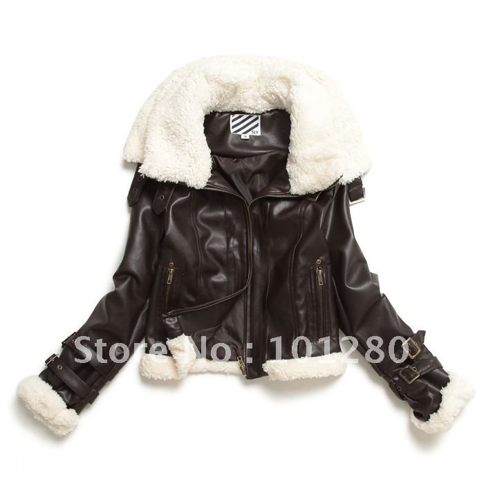 FREE SHIPPING 2012 fashion  women's winter double layer fur collar berber fleece motorcycle leather clothing