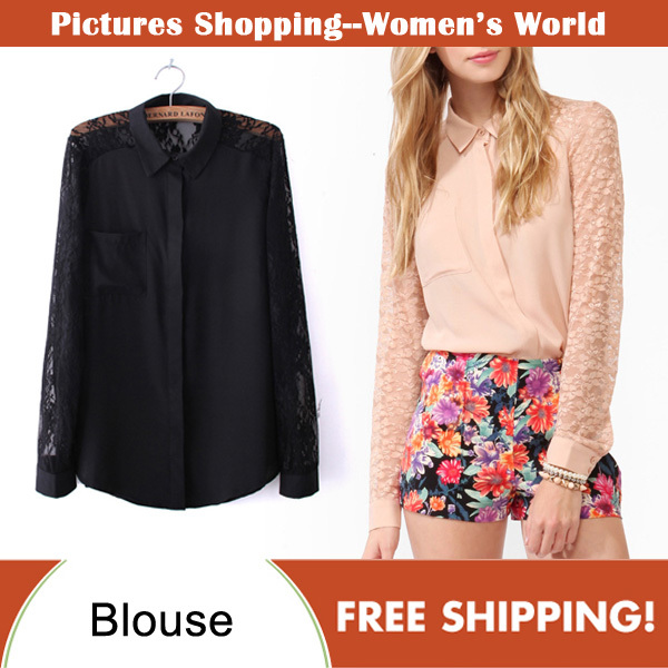 Free shipping!2012 Fashion womens' shirts sexy lace long sleeve patchwork ladies blouses with pocket PS0007