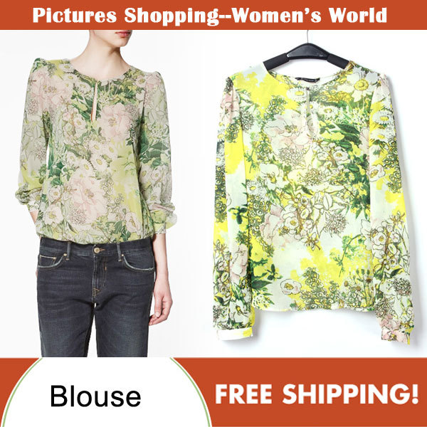 Free shipping!2012 Fashion womens' three quarter sleeve shirts chiffon floral printing ladies blouses  PS0009