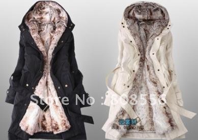 Free Shipping 2012 Faux fur lining women's winter warm long fur coat jacket clothes wholesale