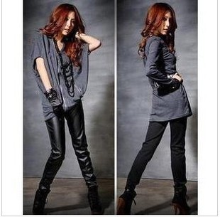 Free shipping 2012 faux leather after 100% cotton patchwork 9 ankle length legging trousers