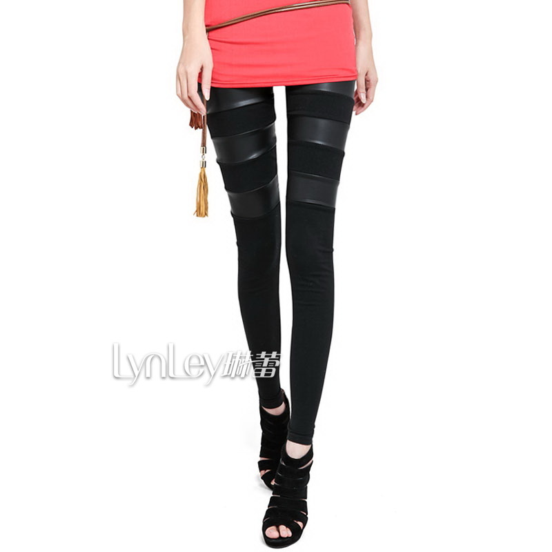 Free shipping 2012 faux leather pants patchwork legging women's personalized black