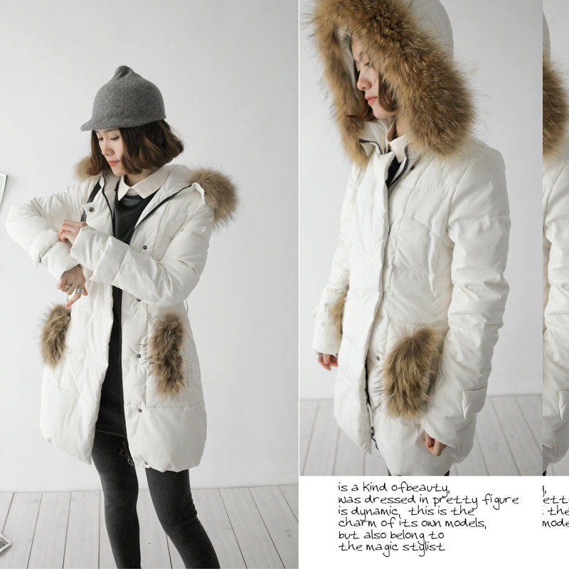 Free shipping 2012 female raccoon fur medium-long hooded slim down coat outerwear