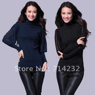 Free shipping!2012 female turtleneck chiffon patchwork long-sleeve knitted basic shirt slim sweater women's