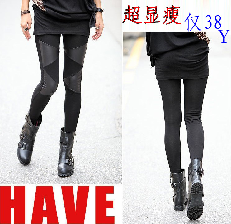 Free shipping 2012 female ultra elastic cotton patchwork PU faux leather legging skinny pants pencil pants