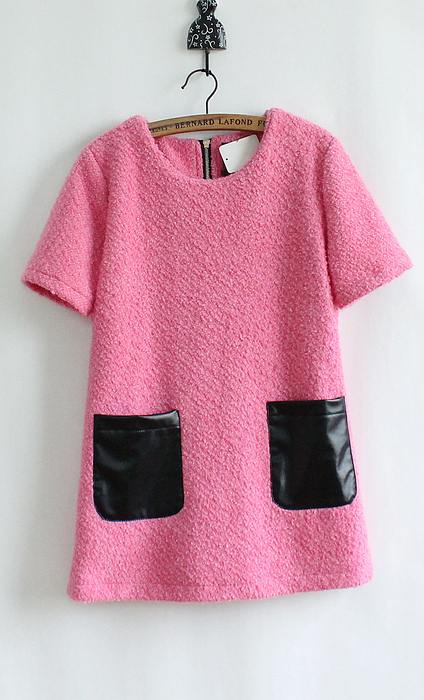 Free shipping - 2012 female winter rose sweet leather little circle woolen one-piece dress pocket