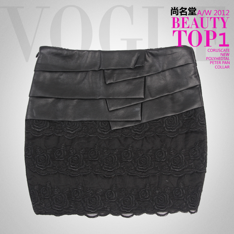 Free shipping 2012 female women's rose lace slim hip  leather step  woolen short bust  basic skirt