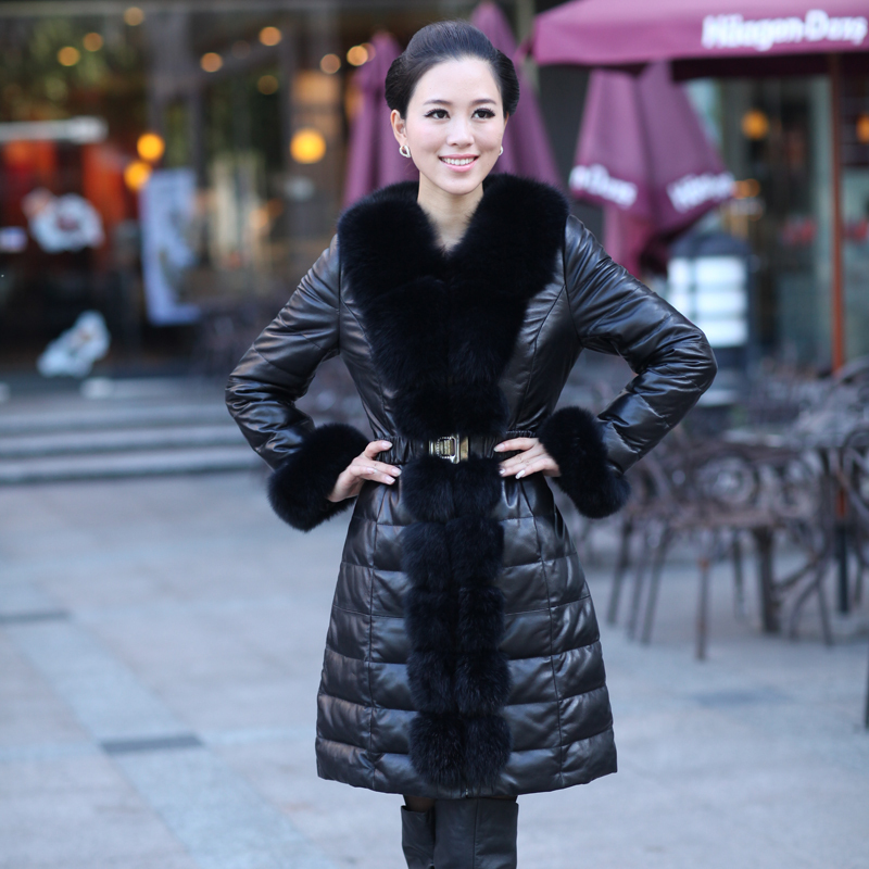 Free shipping 2012 genuine leather clothing female down coat outerwear sheepskin medium-long trench fox fur overcoat