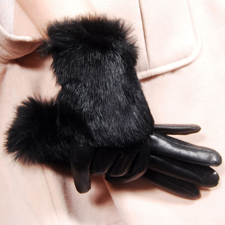 Free shipping 2012 Genuine leather gloves women's winter sheepskin gloves thermal fashion wild rabbit fur gloves size of S M L