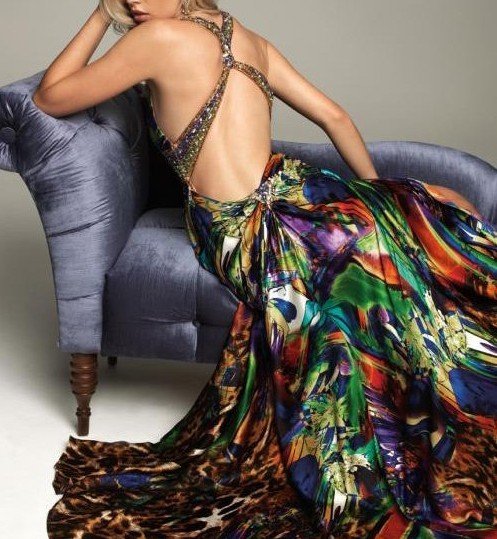 Free Shipping 2012 Glamour Printing Fabric Pleat Bodice Hand Beading & Crystal V-neck high low long evening dress JA121007