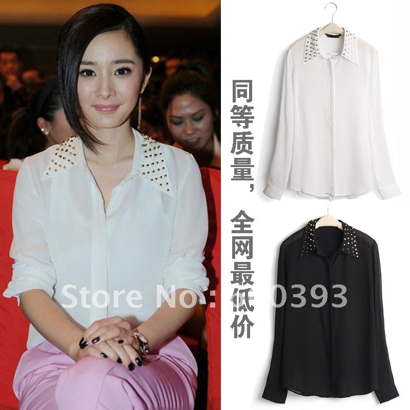Free shipping 2012 Gold rivet studio shirt chiffon long-sleeve shirt large peaked collar long-sleeve sun shirt