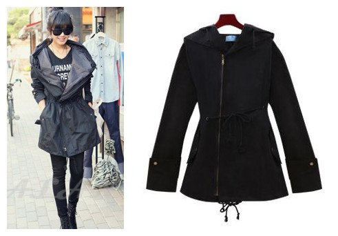 Free shipping, 2012 high quality autumn and winter 100% cotton zipper medium-long with hat women trench, black color, F size