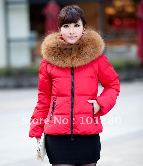 Free shipping 2012 high quality  fashion large fur collar short design slim down coat newest design down jacket