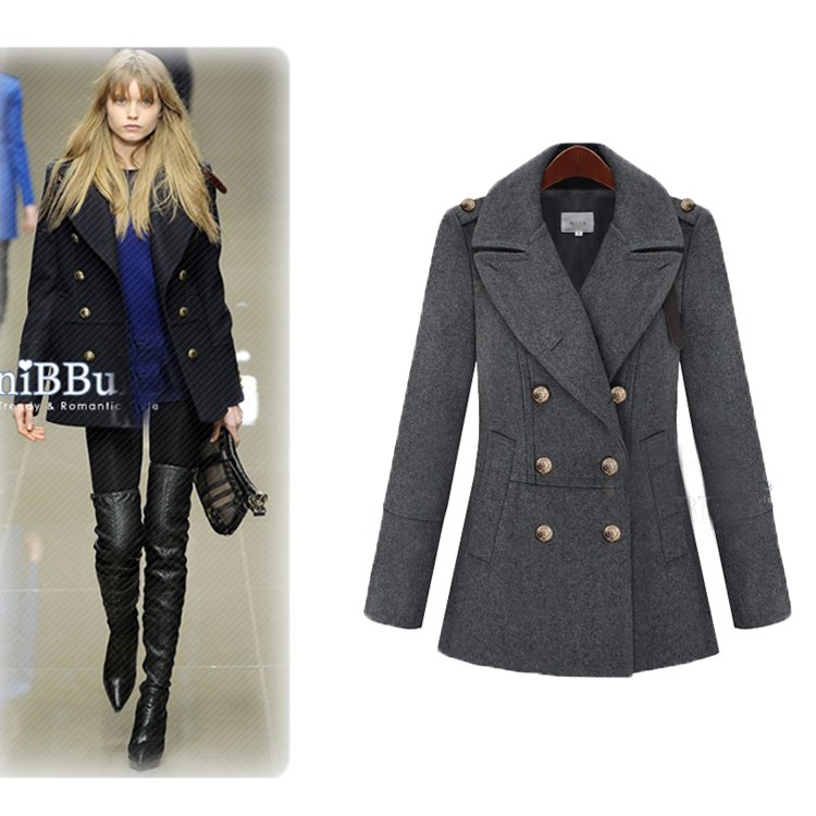 Free Shipping 2012 High quality fashion women woolen slim epaulette buckle turn-down collar wool coat luxurious outerwear