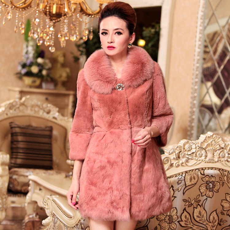 Free shipping 2012 high quality full leather rex rabbit hair long design fox fur outerwear overcoat