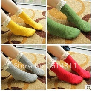 Free shipping  2012 hot  Retro striped cotton candy-colored lace socks   5 pairs pack   Black, red, yellow, orange, navy blue