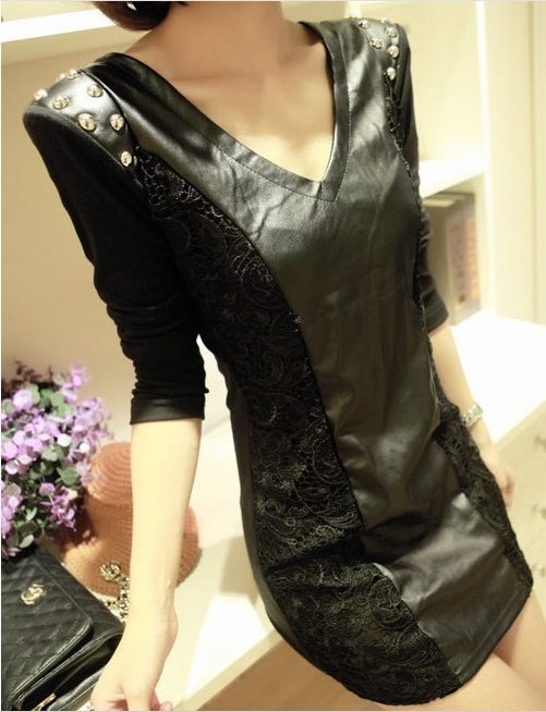 Free shipping 2012 hot sale lady's sexy & club synthetic leather and lace V neck mini dress