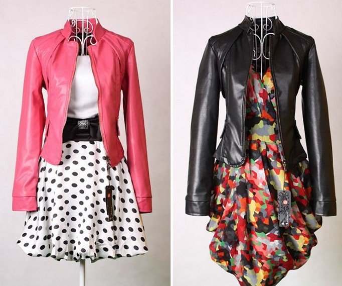 Free Shipping 2012 Hot Sale Women's Fashion Slim Short PU Leather Jacket, Standing collar, Black and Pink, R905-64