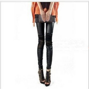 free shipping 2012 irregular cutout patchwork legging yarn leather slim elastic pants faux leather legging