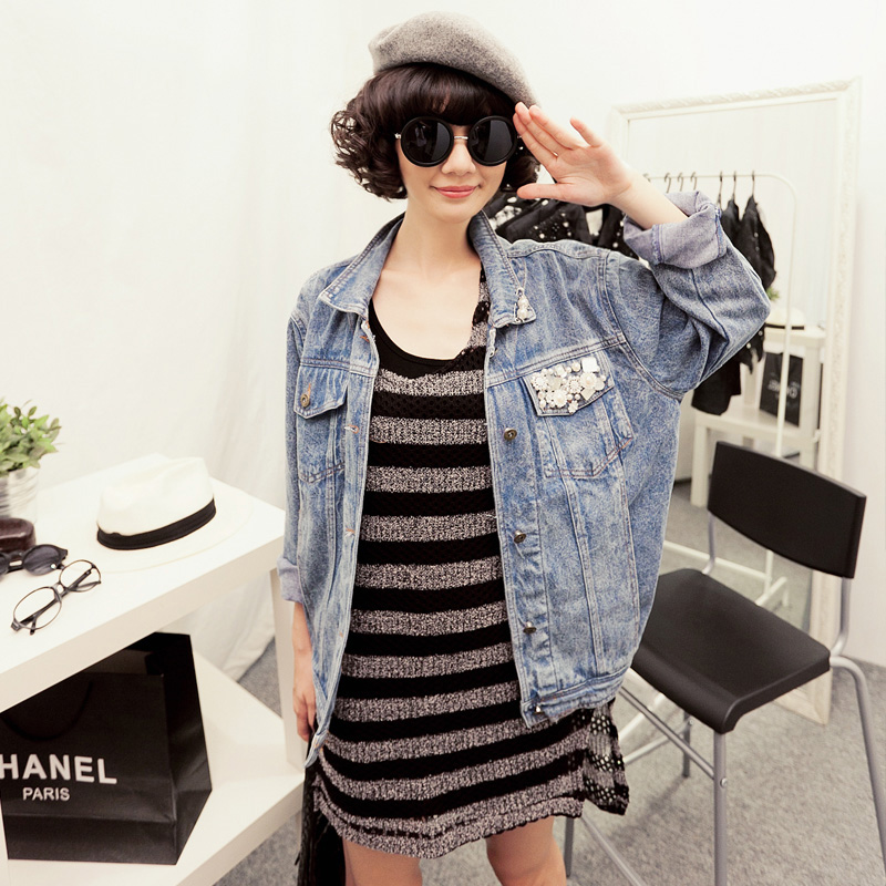 Free Shipping 2012 Jean Jackets 808 vintage rhinestone pocket loose denim coat female long-sleeve top