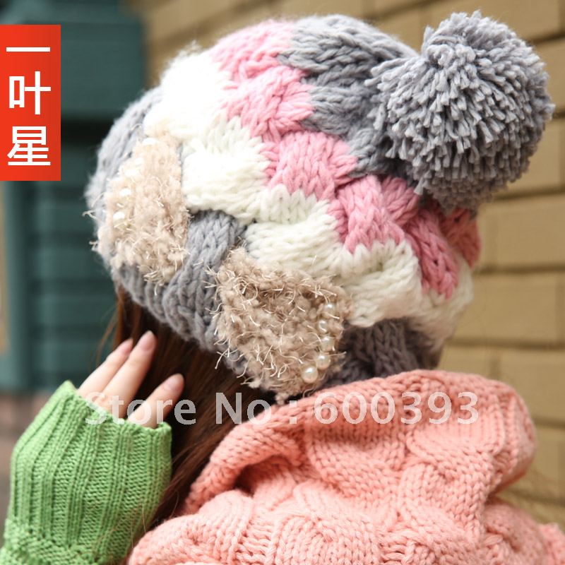 Free shipping 2012 Knitted hat female autumn and winter fashion thermal ear knitted hat winter hat