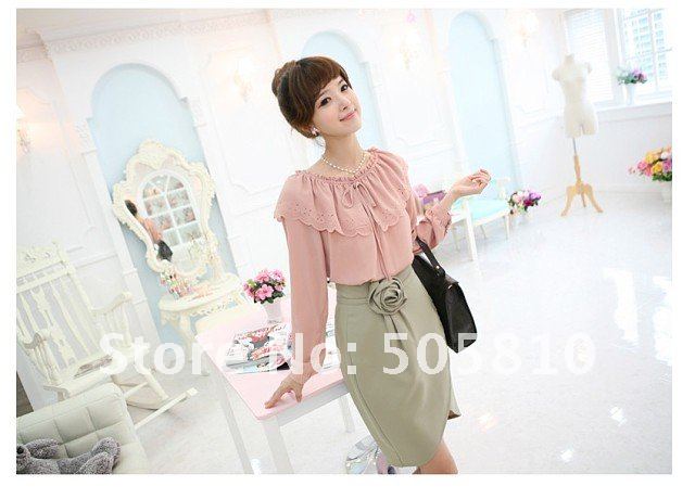 Free Shipping, 2012 Korea Hot Selling Fashion New ladies' Women Graceful Hollow Out Chiffon Full Sleeve Slim Blouses #0532