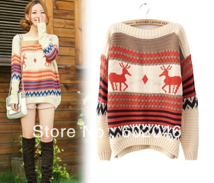 FREE SHIPPING 2012 KOREAN COLLEGE WIND SWEATER FAWN ASSORTED COLOR GEOMETRICAL DESIGN COMFORTABLE SWEATER LADIES' SWEATER DRESS