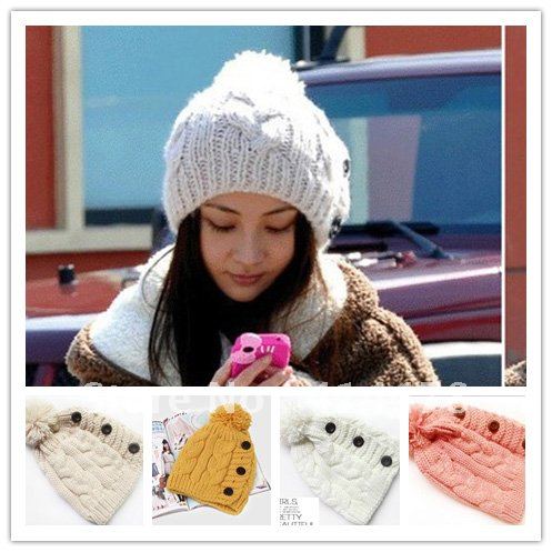 Free Shipping 2012 Korean Hat Wool Knit Hats Beanie For Women Winter Warm,Knitting Pattern Skull Caps With Buttons Wholesale
