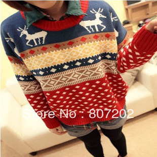 free shipping 2012 Korean Style Autumn Winter dot Christmas Deer Sweater New Loose Long Sleeve pullover for women  A135