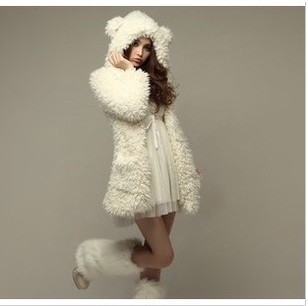 Free Shipping 2012 Korean Style Lovely Bearear Hooded Women Fur Coat White (Wholesale&Retail&Dropship)