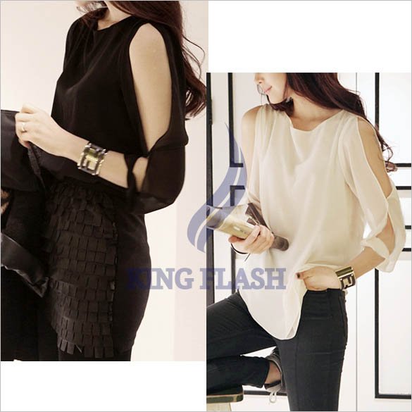 Free Shipping 2012 Korean Womens Fashion Cut Out Open Shoulder Chiffon Loose Shirt Blouse Tops