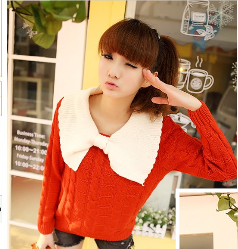 Free shipping 2012  ladies' sweater vintage big bow turn-down collar twisted sweater outerwear women's hoodies/sweatershirts