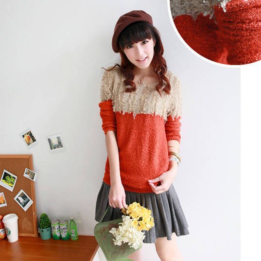 Free shipping-2012 Ladies' winter sweater patchwork o-neck casual pullover outerwear red/green/yellow/black free size-fashion