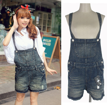 Free Shipping 2012 large pocket retro finishing jeans suspenders shorts jumpsuit 9875 MY