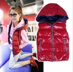 Free shipping 2012 latest style Fashion Glossy warm Hooded thicker vest 4 color