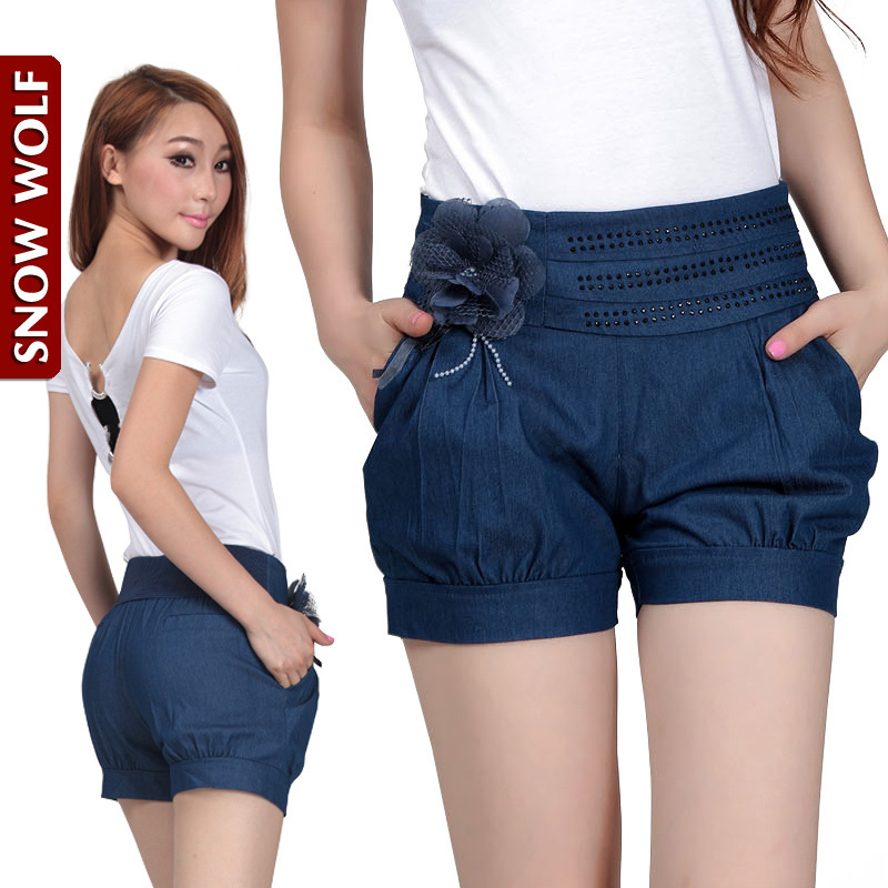 Free Shipping! 2012 Loose Thin Appliques Beading Waist Cotton Denim Harem High Waist Shorts Plus Size M/L/XL/2XL/3XL P0648#