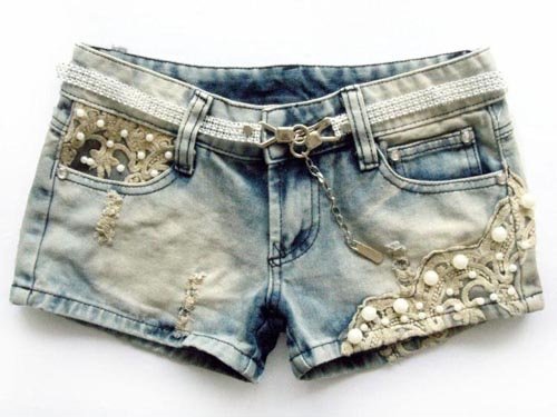 Free shipping 2012 Low Waist Lace Beading Hole Denim Shorts/Short pants Wholesale